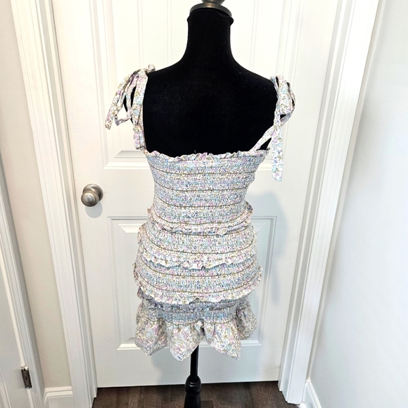 STORIA Floral Multicolor Smocked Bodycon Tie Strap Dress Size MEDIUM Ruffle Hem - Picture 4 of 13